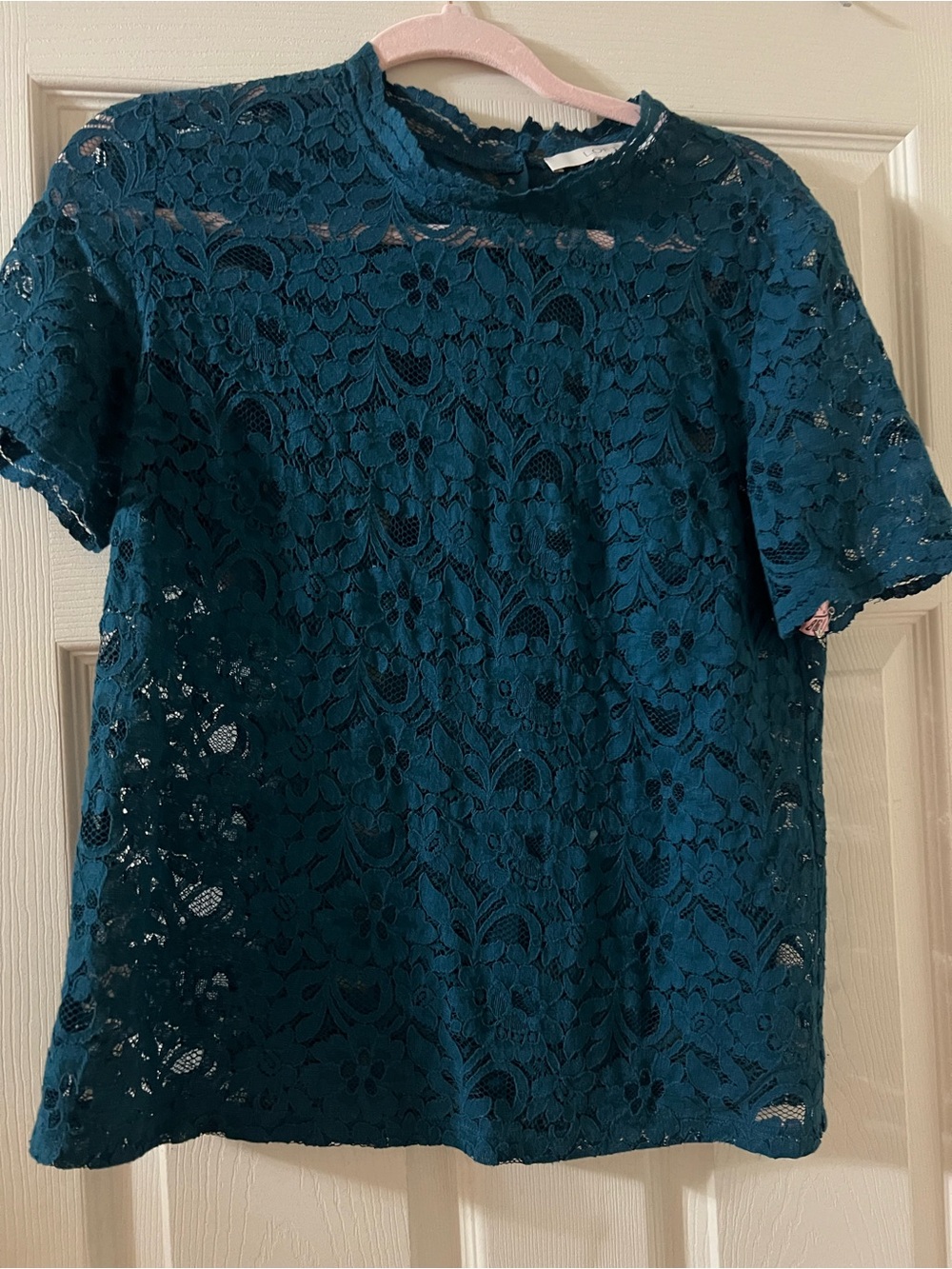 LOFT Teal Floral Lace Short-Sleeve Top